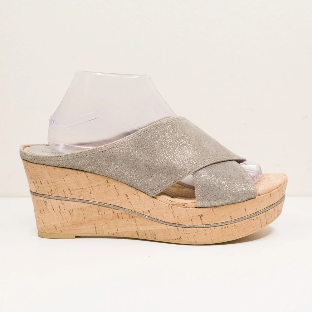 DONALD PLINER Dacota Metallic Crisscross Cork Wedge Sandals Resort Silver Sz 9.5